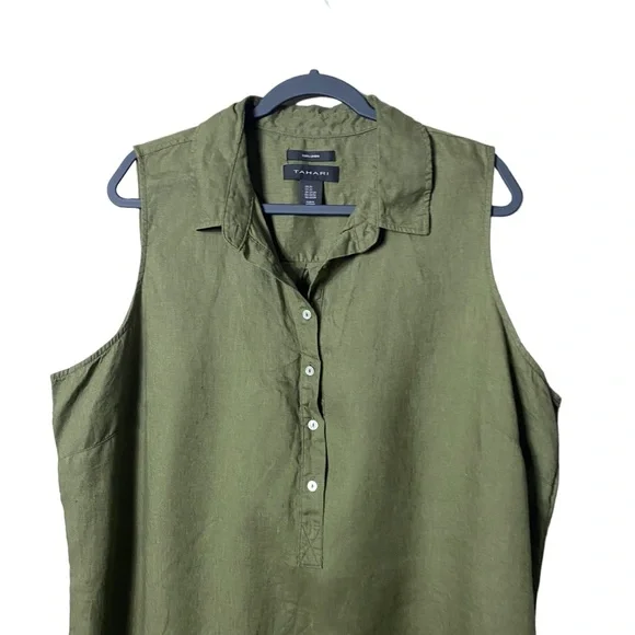 Tahari 100% Linen Midi Dress Plus Size 2X Pop Over Beachy Army Green Cottagecore - Picture 4 of 4